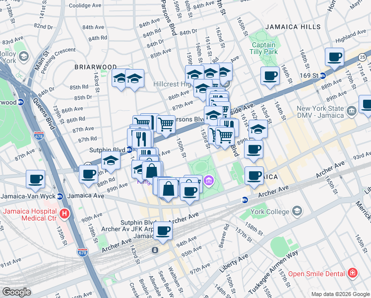map of restaurants, bars, coffee shops, grocery stores, and more near 150-02 88th Avenue in Queens