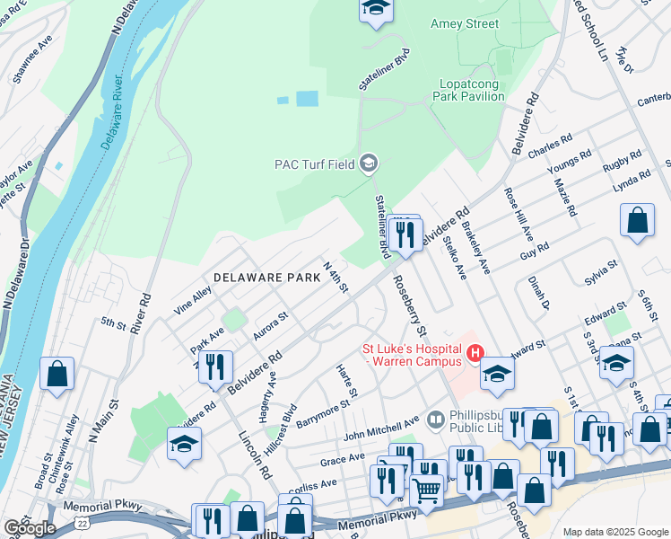 map of restaurants, bars, coffee shops, grocery stores, and more near 401 Aurora Street in Phillipsburg