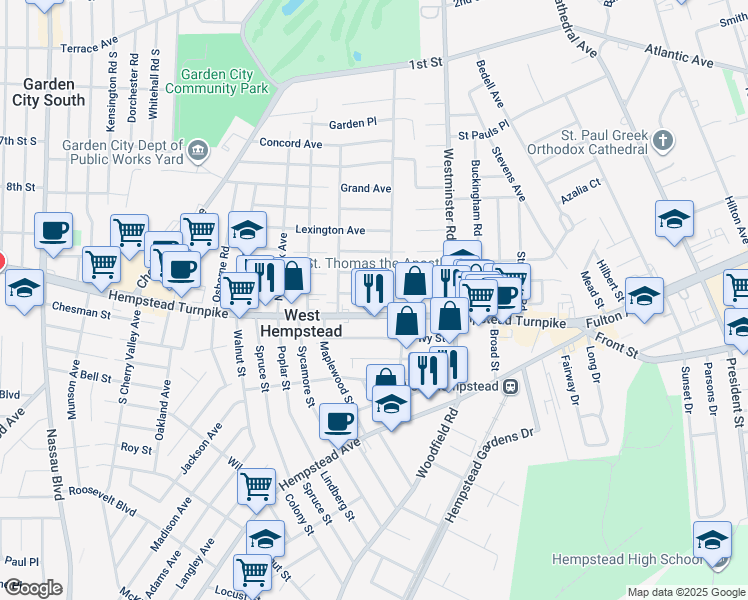 map of restaurants, bars, coffee shops, grocery stores, and more near 227 Parker Avenue in West Hempstead