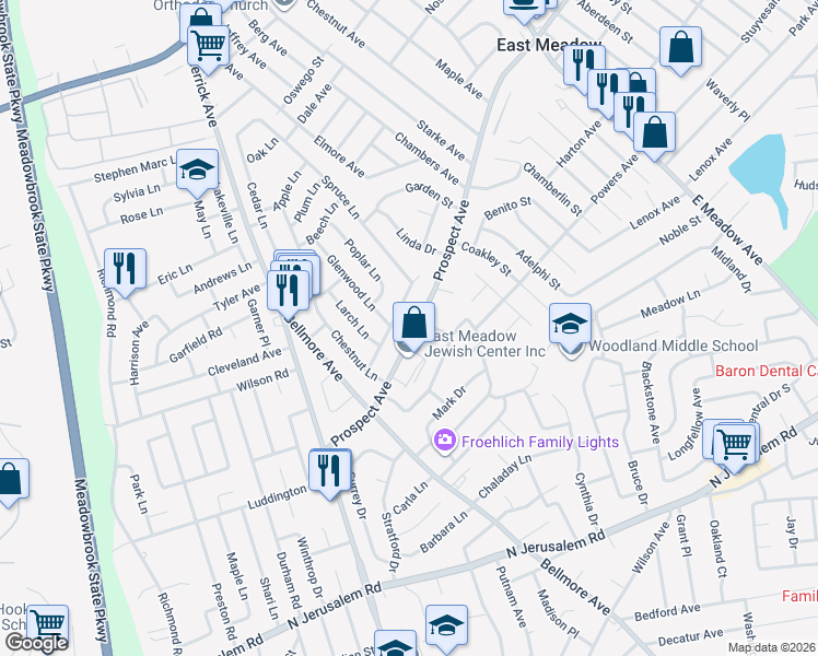 map of restaurants, bars, coffee shops, grocery stores, and more near 1443 Prospect Avenue in East Meadow