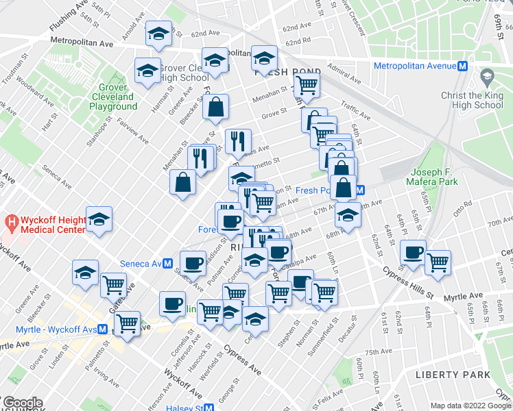 map of restaurants, bars, coffee shops, grocery stores, and more near 66-73 Forest Avenue in Queens