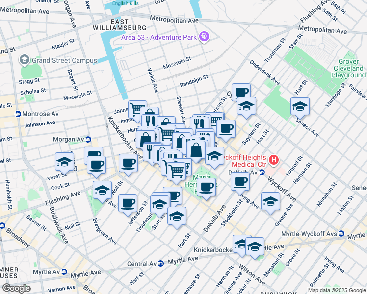 map of restaurants, bars, coffee shops, grocery stores, and more near in Brooklyn