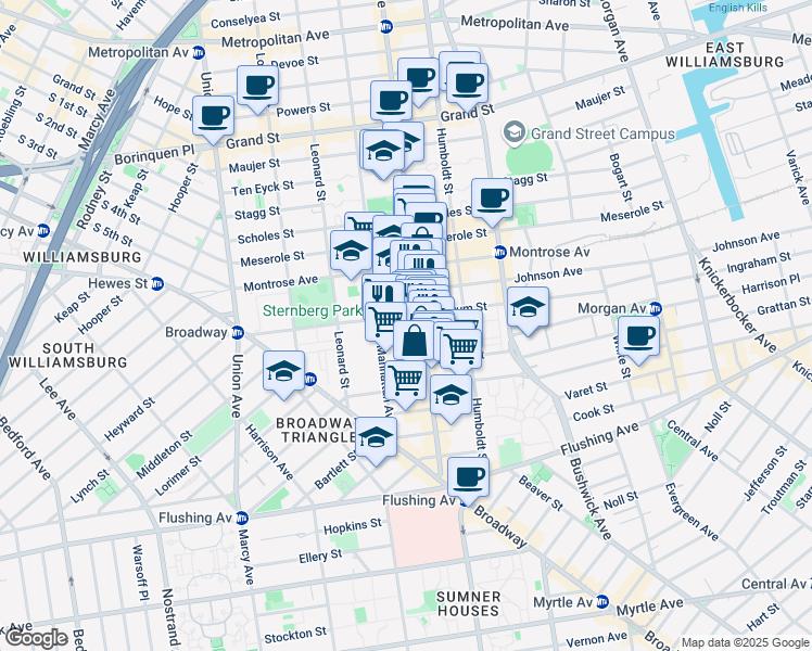map of restaurants, bars, coffee shops, grocery stores, and more near 124 Boerum Street in Brooklyn