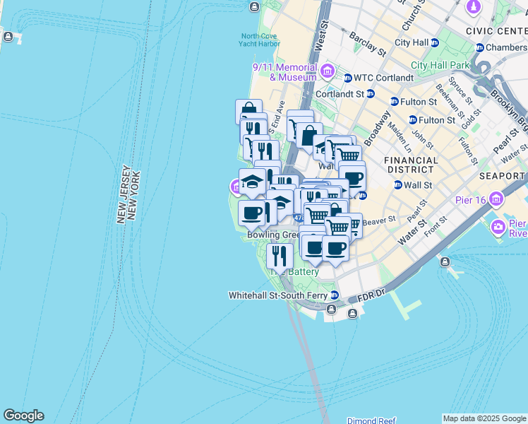 map of restaurants, bars, coffee shops, grocery stores, and more near 10 West Street in New York