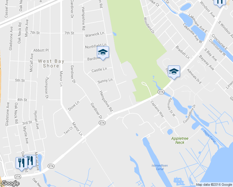 map of restaurants, bars, coffee shops, grocery stores, and more near 822 Aberdeen Road in Bay Shore