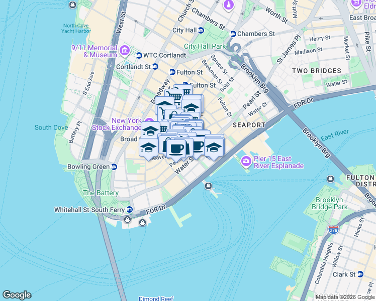 map of restaurants, bars, coffee shops, grocery stores, and more near Pearl St & Wall St in New York