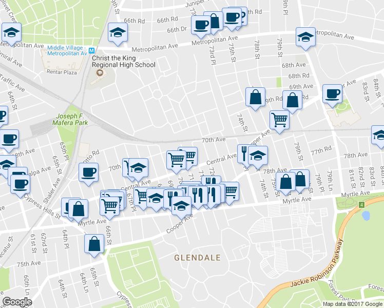 map of restaurants, bars, coffee shops, grocery stores, and more near 70-20 71st Place in Queens
