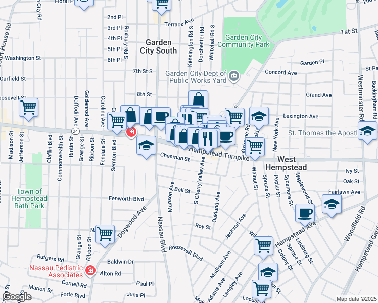 map of restaurants, bars, coffee shops, grocery stores, and more near 529 Hempstead Turnpike in West Hempstead