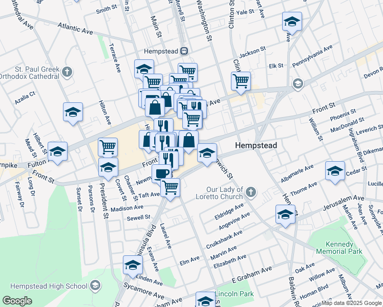 map of restaurants, bars, coffee shops, grocery stores, and more near 280 Peninsula Boulevard in Hempstead