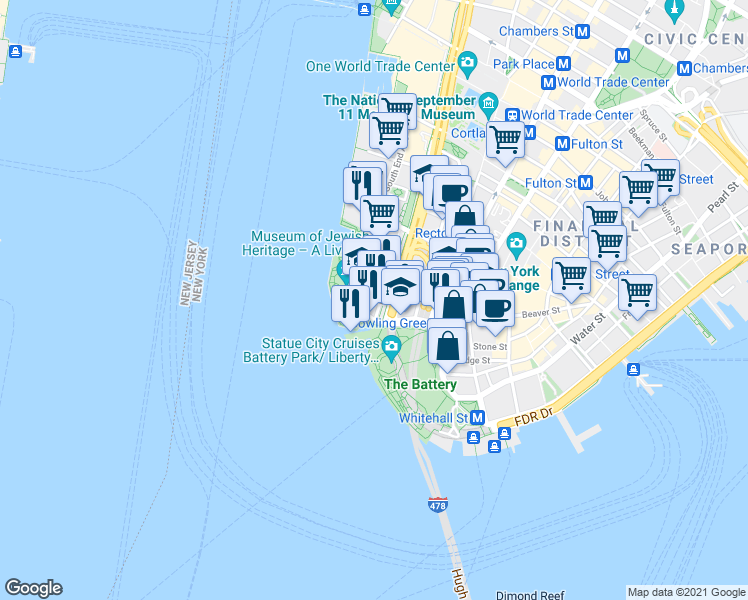 map of restaurants, bars, coffee shops, grocery stores, and more near 25 Battery Place in New York