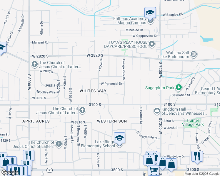 map of restaurants, bars, coffee shops, grocery stores, and more near 2993 South Noble Fir Cove in Magna