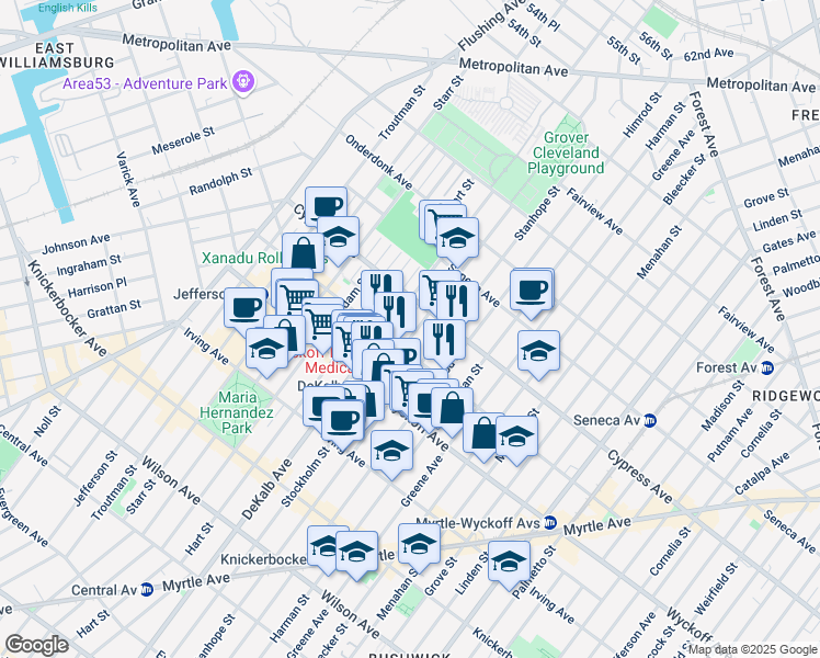 map of restaurants, bars, coffee shops, grocery stores, and more near 403 Stockholm Street in Brooklyn
