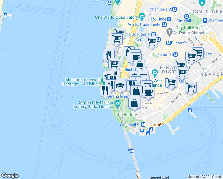 map of restaurants, bars, coffee shops, grocery stores, and more near 10 West Street in New York