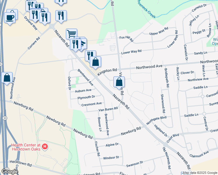 map of restaurants, bars, coffee shops, grocery stores, and more near 3453 Nazareth Road in Easton