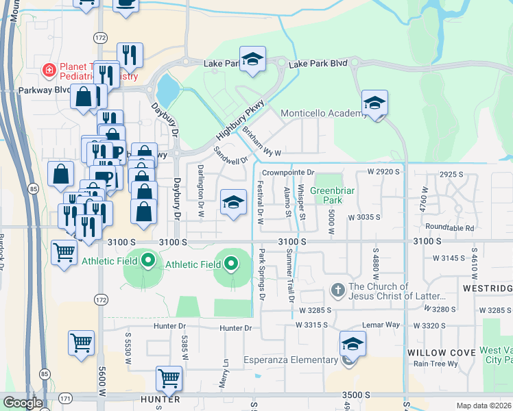 map of restaurants, bars, coffee shops, grocery stores, and more near 3002 Festival Drive West in West Valley City