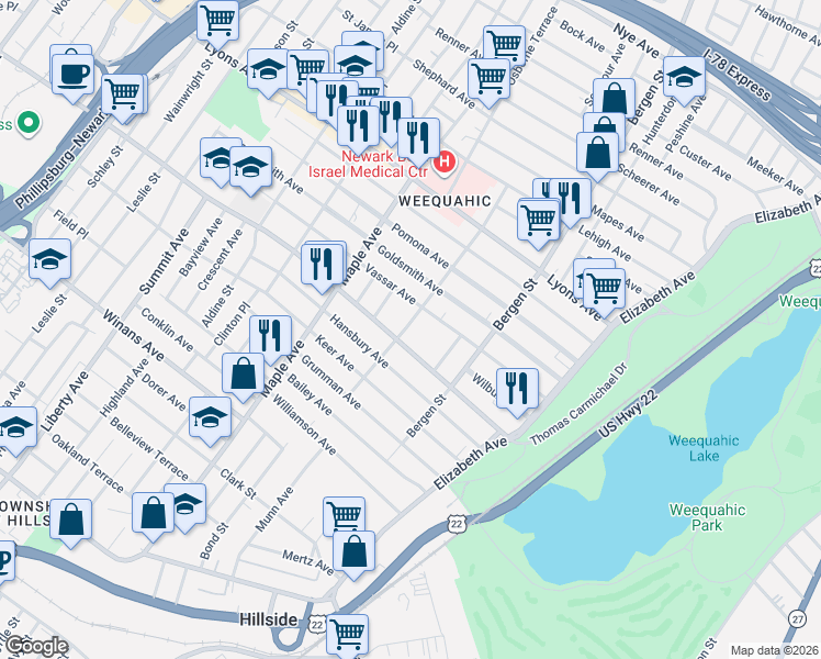 map of restaurants, bars, coffee shops, grocery stores, and more near 122 Parkview Terrace in Newark