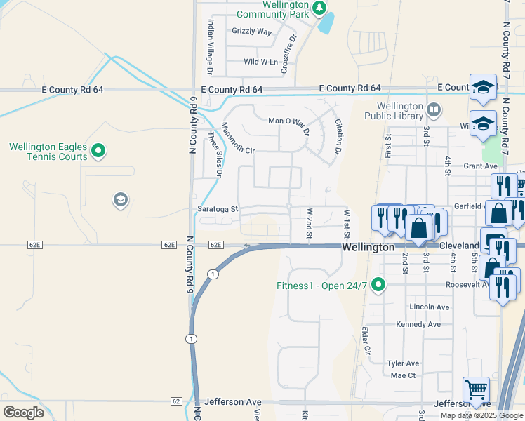 map of restaurants, bars, coffee shops, grocery stores, and more near 3350 Saratoga Street in Wellington