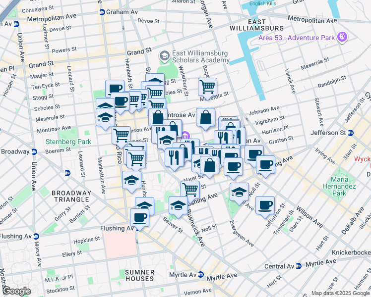 map of restaurants, bars, coffee shops, grocery stores, and more near 248 McKibbin Street in Brooklyn
