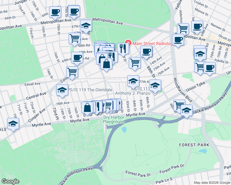 map of restaurants, bars, coffee shops, grocery stores, and more near 77-43 81st Street in Queens