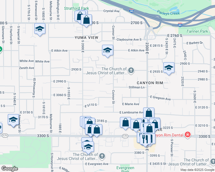 map of restaurants, bars, coffee shops, grocery stores, and more near 2106 Connor Park Cove in Salt Lake City