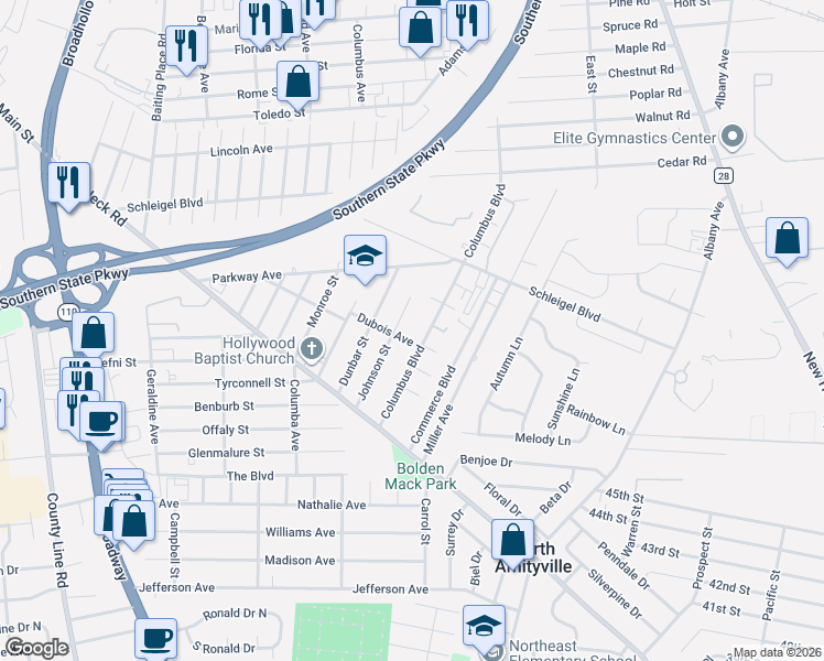 map of restaurants, bars, coffee shops, grocery stores, and more near 25 Dubois Ave in Amityville
