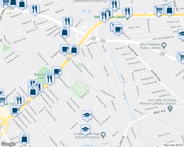 map of restaurants, bars, coffee shops, grocery stores, and more near 674 North Richmond Avenue in Lindenhurst