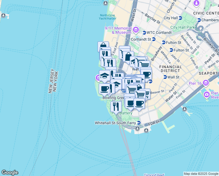 map of restaurants, bars, coffee shops, grocery stores, and more near 25 Battery Place in New York