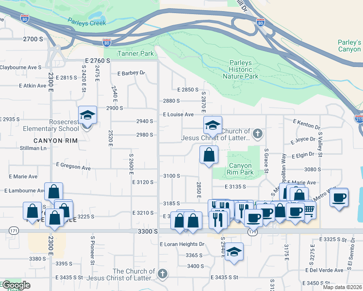 map of restaurants, bars, coffee shops, grocery stores, and more near 2784 East 3000 South in Salt Lake City