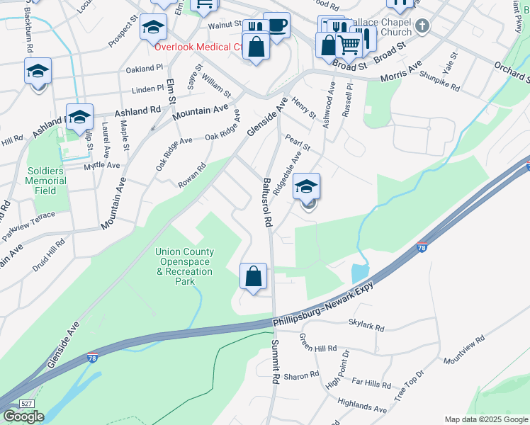 map of restaurants, bars, coffee shops, grocery stores, and more near 55 Baltusrol Road in Summit