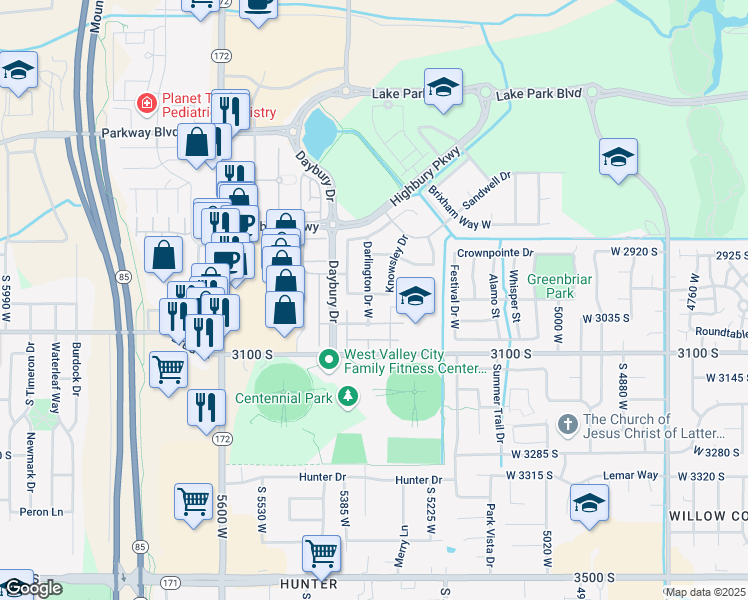 map of restaurants, bars, coffee shops, grocery stores, and more near 5327 Halton Lane South in West Valley City
