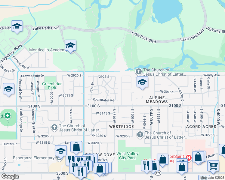 map of restaurants, bars, coffee shops, grocery stores, and more near 4631 Dunsmoore Way in West Valley City