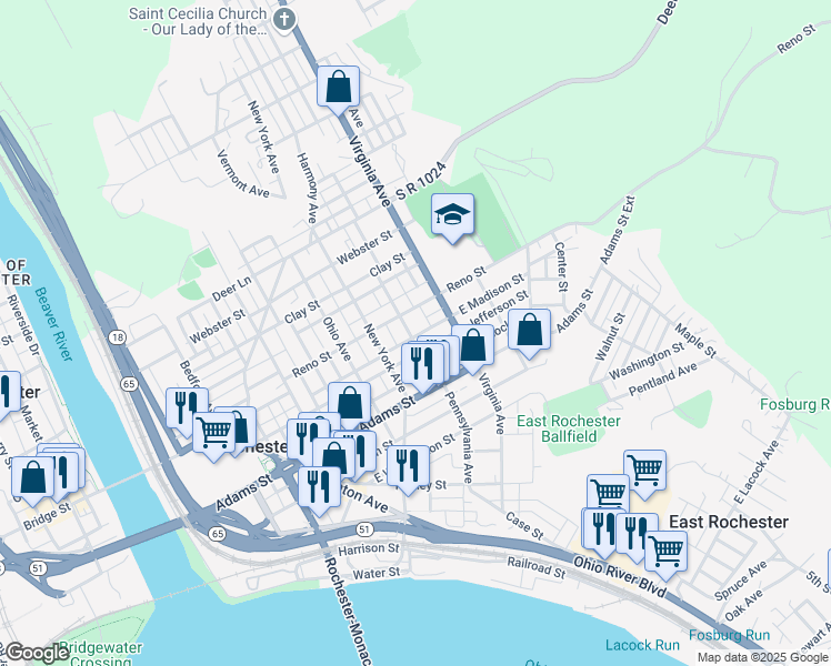 map of restaurants, bars, coffee shops, grocery stores, and more near 377 Pennsylvania Avenue in Rochester