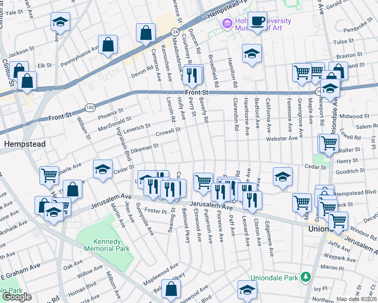 map of restaurants, bars, coffee shops, grocery stores, and more near 133 Holly Avenue in Hempstead