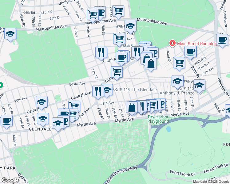 map of restaurants, bars, coffee shops, grocery stores, and more near 77-47 76th Street in Queens