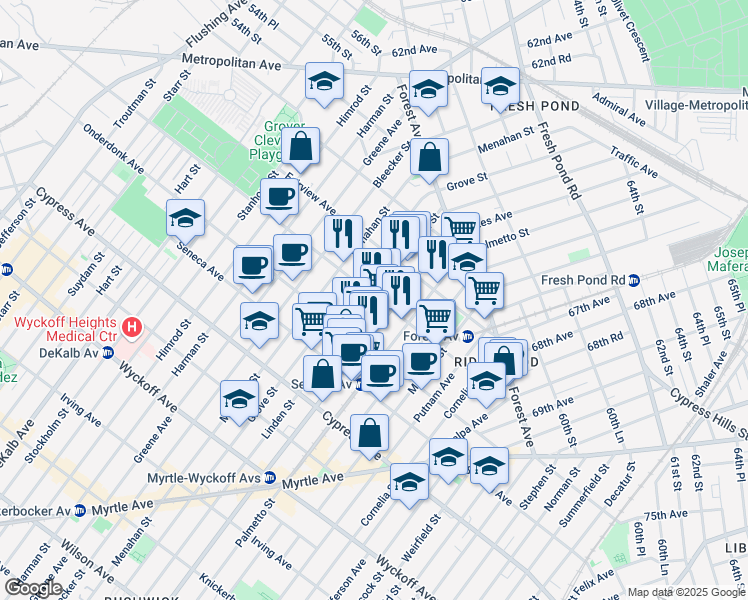 map of restaurants, bars, coffee shops, grocery stores, and more near 663 Woodward Avenue in Queens