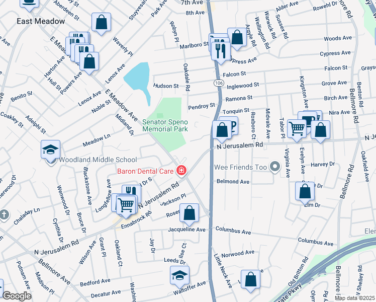 map of restaurants, bars, coffee shops, grocery stores, and more near 27 Newbridge Road in East Meadow