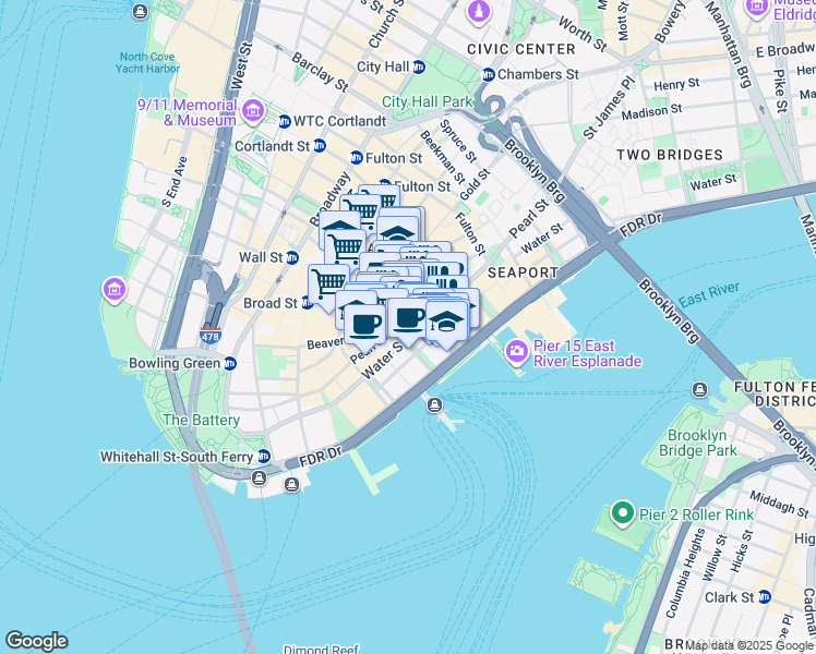 map of restaurants, bars, coffee shops, grocery stores, and more near 126 Water Street in New York