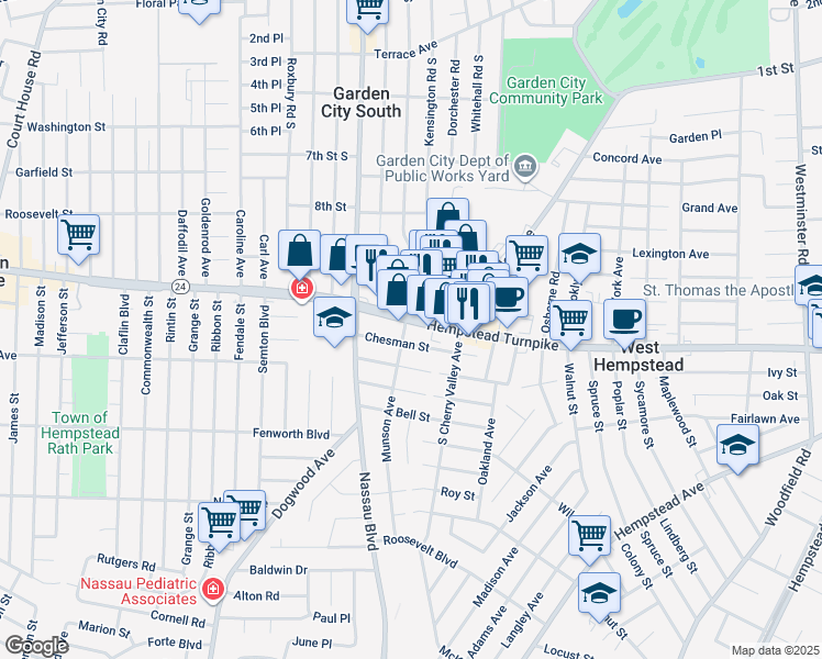 map of restaurants, bars, coffee shops, grocery stores, and more near 529 Hempstead Turnpike in West Hempstead
