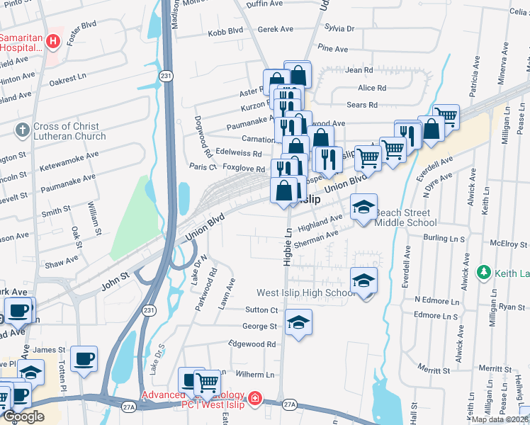 map of restaurants, bars, coffee shops, grocery stores, and more near 43 Hawley Avenue in West Islip
