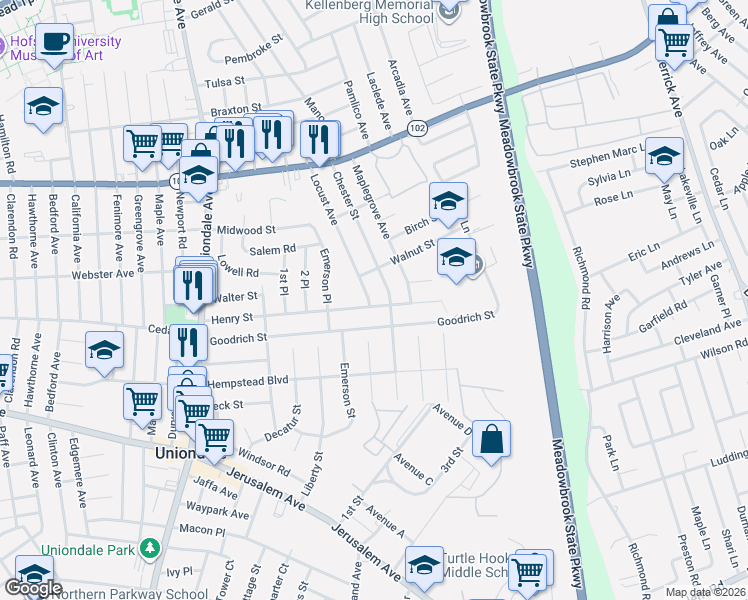 map of restaurants, bars, coffee shops, grocery stores, and more near 447 Locust Ave in Uniondale