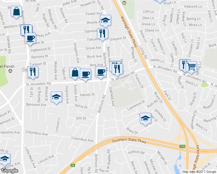 map of restaurants, bars, coffee shops, grocery stores, and more near 709 Bellmore Road in North Bellmore