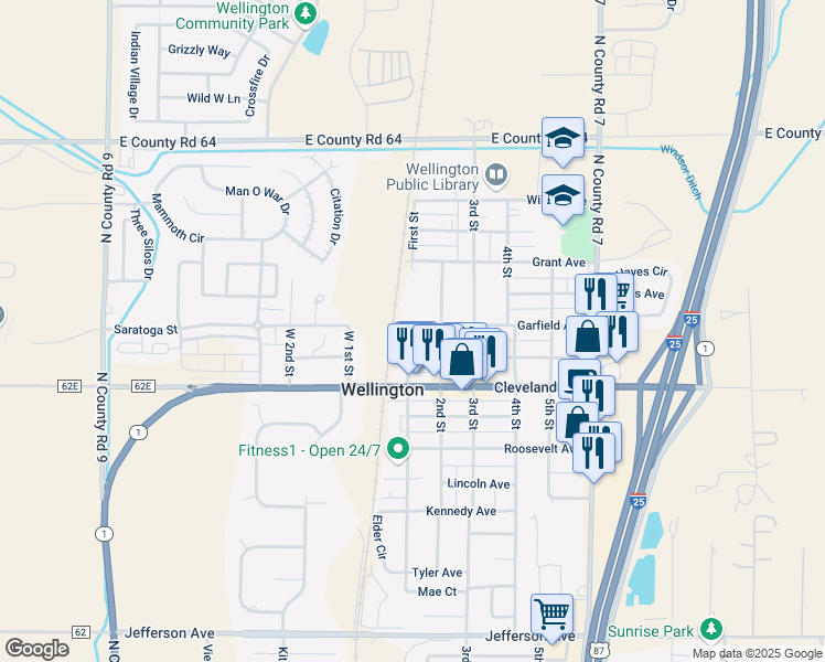 map of restaurants, bars, coffee shops, grocery stores, and more near 3711 Garfield Avenue in Wellington