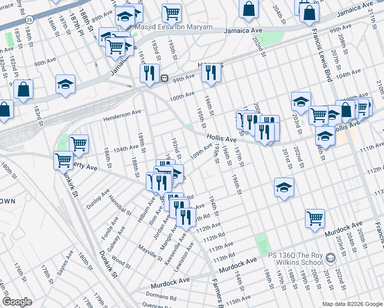 map of restaurants, bars, coffee shops, grocery stores, and more near 193-03 109th Avenue in Queens