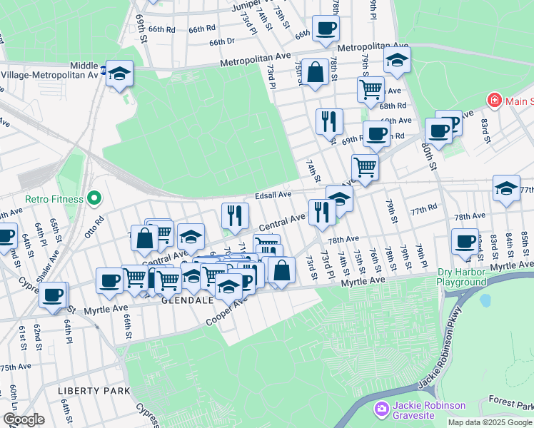 map of restaurants, bars, coffee shops, grocery stores, and more near 70-31 72nd Street in Queens