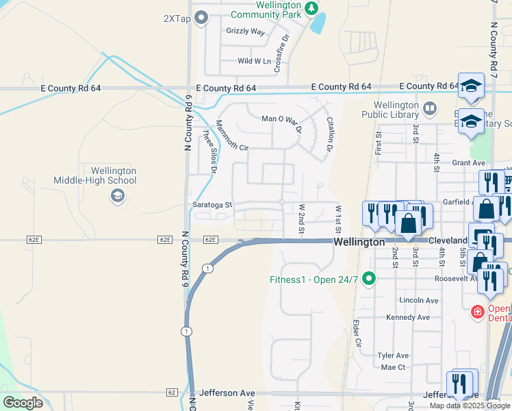 map of restaurants, bars, coffee shops, grocery stores, and more near 3350 Saratoga Street in Wellington