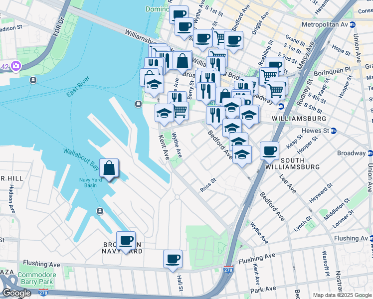map of restaurants, bars, coffee shops, grocery stores, and more near 539 Wythe Avenue in Brooklyn