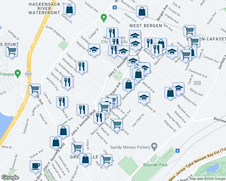 map of restaurants, bars, coffee shops, grocery stores, and more near 75 Bergen Avenue in Jersey City