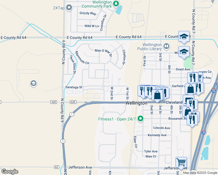 map of restaurants, bars, coffee shops, grocery stores, and more near 3501 Garfield Avenue in Wellington