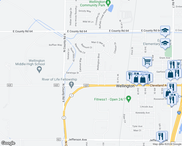 map of restaurants, bars, coffee shops, grocery stores, and more near 3350 Saratoga Street in Wellington