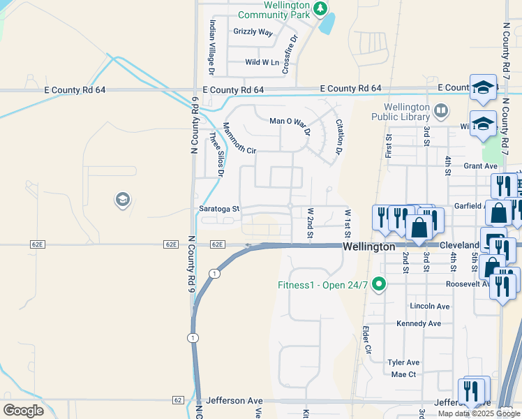 map of restaurants, bars, coffee shops, grocery stores, and more near 3350 Saratoga Street in Wellington